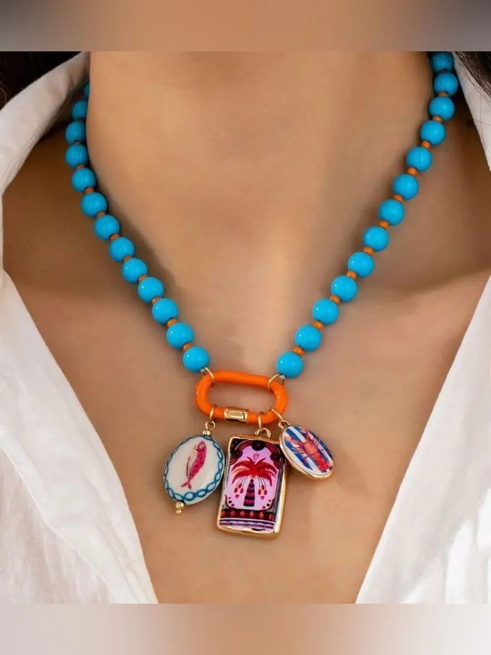 Turquoise Beaded Charm Necklace with fish design A1698
